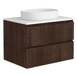 Osaka Slatted Dark Oak 800mm Wall Hung Vanity with White Stone Worktop & Oval Countertop Basin
