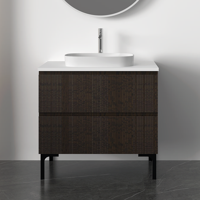 Osaka Slatted Dark Oak 800mm 2-Drawer Countertop Vanity Unit with White Stone Worktop