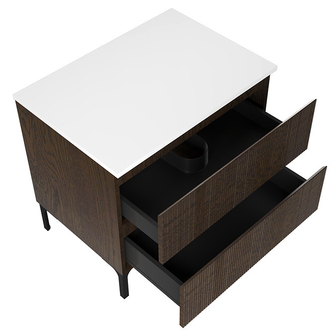 Osaka Slatted Dark Oak 800mm 2-Drawer Countertop Vanity Unit with White Stone Worktop