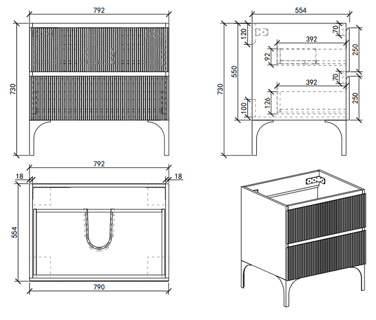 Osaka Slatted Dark Oak 800mm 2-Drawer Countertop Vanity Unit with White Stone Worktop