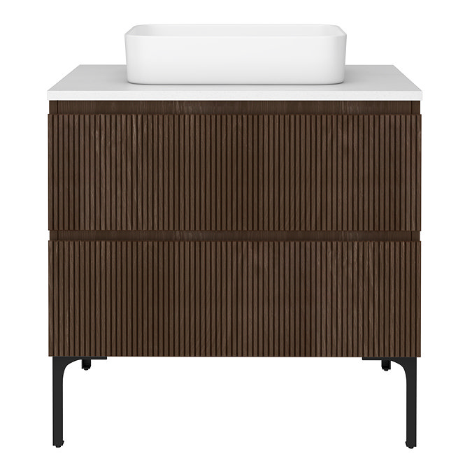 Osaka Slatted Dark Oak 800mm 2-Drawer Vanity Unit with White Stone Worktop and Rectangular Basin