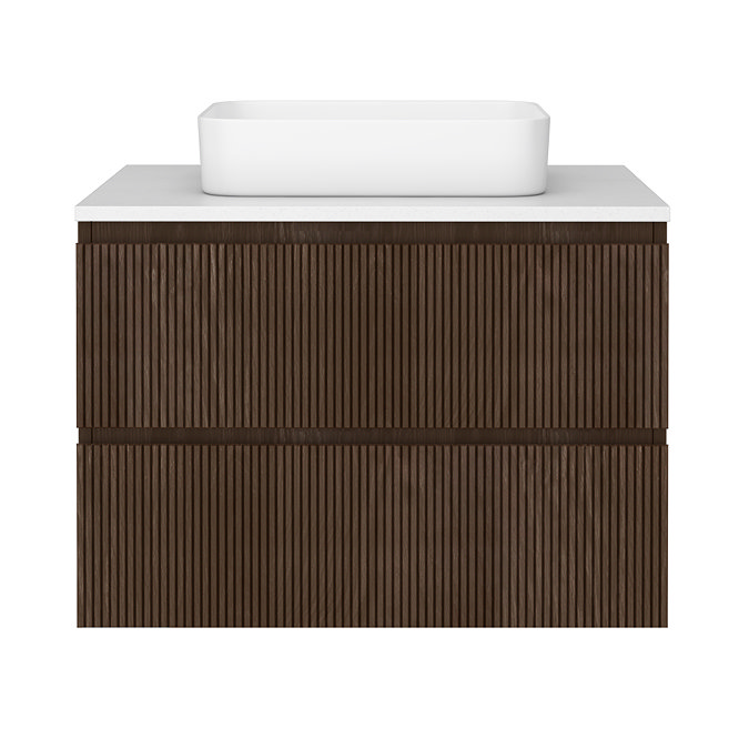 Osaka Slatted Oak 800mm Wall Hung 2-Drawer Countertop Vanity Unit with White Stone Worktop and Rectangular Basin