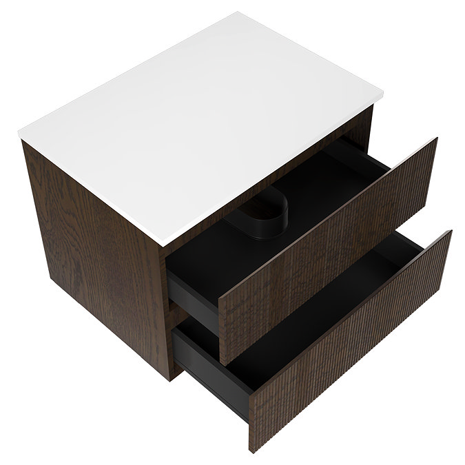 Osaka Slatted Dark Oak 800mm Wall Hung 2-Drawer Countertop Vanity Unit with White Stone Worktop and Rectangular Basin