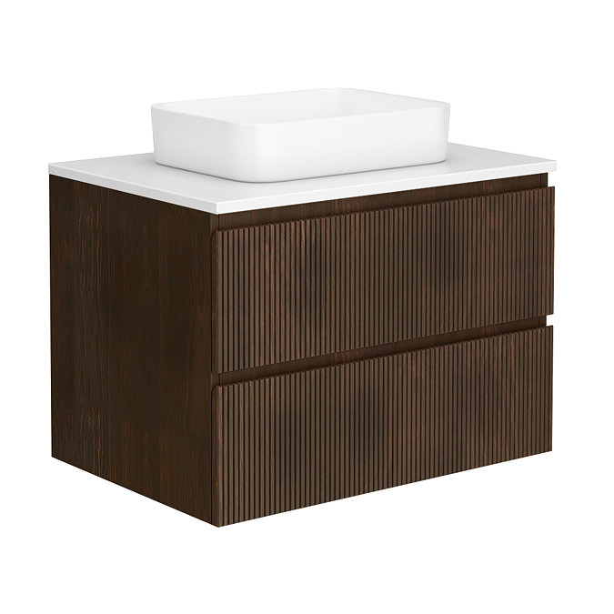 Osaka Slatted Dark Oak 800mm Wall Hung 2-Drawer Countertop Vanity Unit with White Stone Worktop and Rectangular Basin