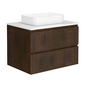 Osaka Slatted Dark Oak 800mm Wall Hung 2-Drawer Countertop Vanity Unit with White Stone Worktop and Rectangular Basin
