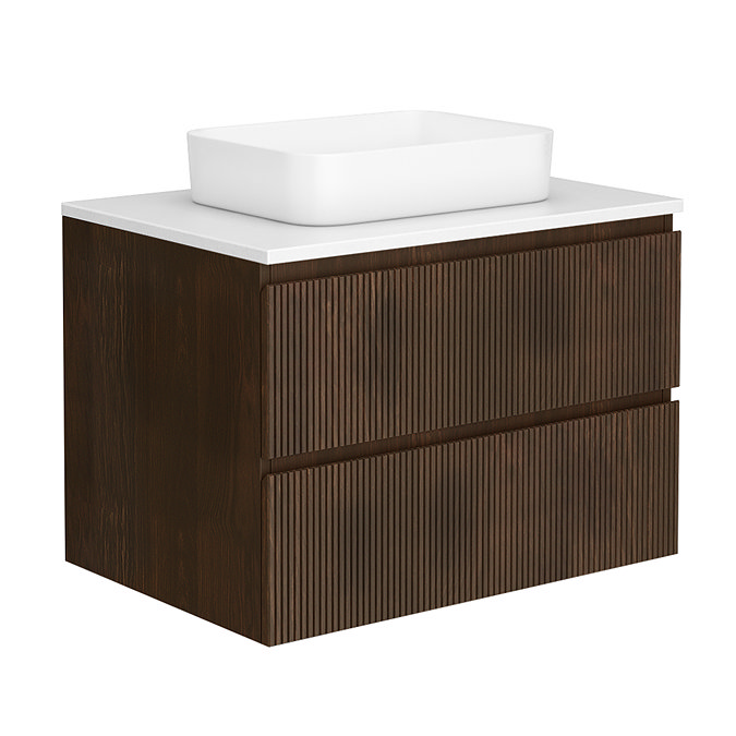 Osaka Slatted Dark Oak 800mm Wall Hung 2-Drawer Countertop Vanity Unit with White Stone Worktop and Rectangular Basin