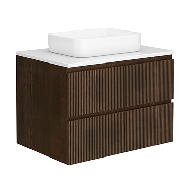 Osaka Slatted Oak 800mm Wall Hung 2-Drawer Countertop Vanity Unit with White Stone Worktop and Rectangular Basin
