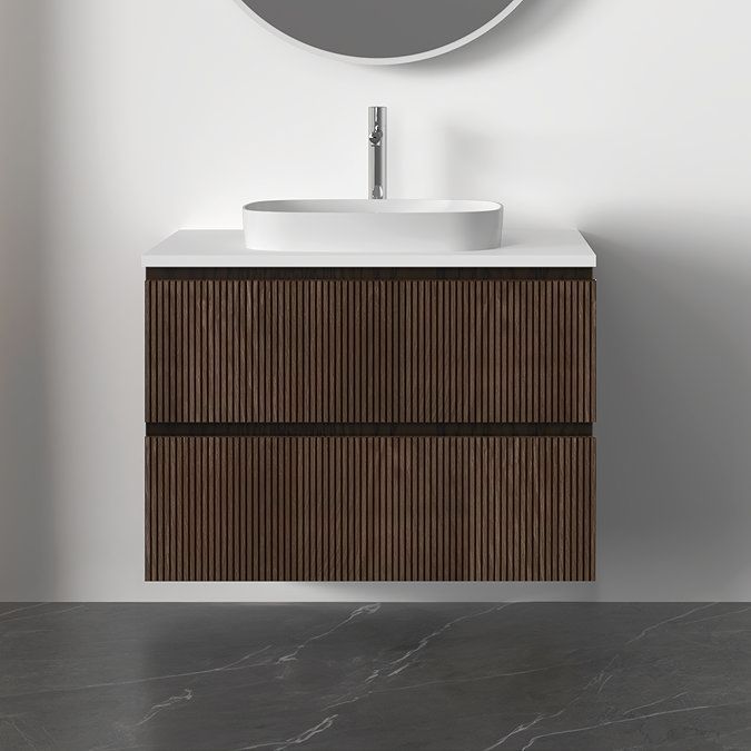 Osaka Slatted Dark Oak 800mm Wall Hung 2-Drawer Countertop Vanity Unit with White Stone Worktop
