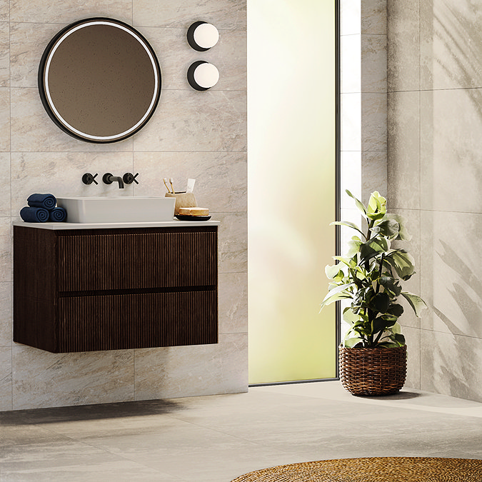 Osaka Slatted Dark Oak 800mm Wall Hung 2-Drawer Countertop Vanity Unit with White Stone Worktop
