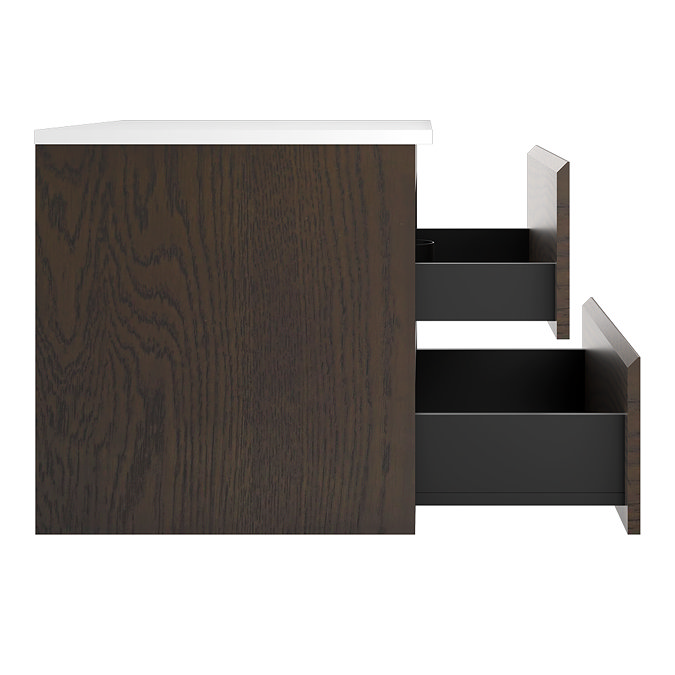 Osaka Slatted Dark Oak 800mm Wall Hung 2-Drawer Countertop Vanity Unit with White Stone Worktop
