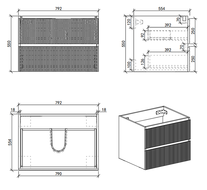 Osaka Slatted Dark Oak 800mm Wall Hung 2-Drawer Countertop Vanity Unit with White Stone Worktop
