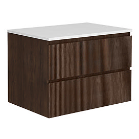 Osaka Slatted Dark Oak 800mm Wall Hung 2-Drawer Countertop Vanity Unit with White Stone Worktop
