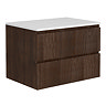 Osaka Slatted Dark Oak 800mm Wall Hung 2-Drawer Countertop Vanity Unit with White Stone Worktop