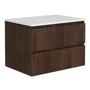 Osaka Slatted Dark Oak 800mm Wall Hung 2-Drawer Countertop Vanity Unit with White Stone Worktop
