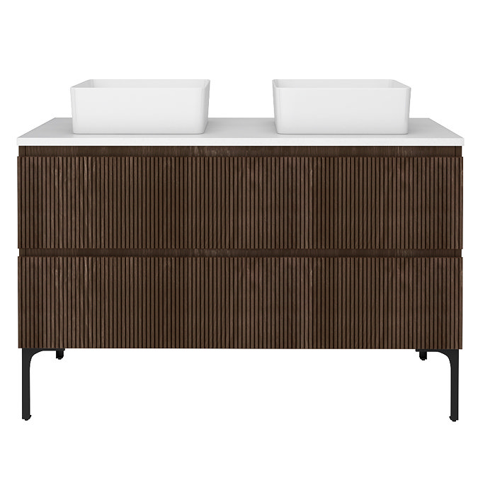Osaka Slatted Dark Oak 1200mm 2-Drawer Vanity Unit with White Stone Worktop & 2 Square Basins