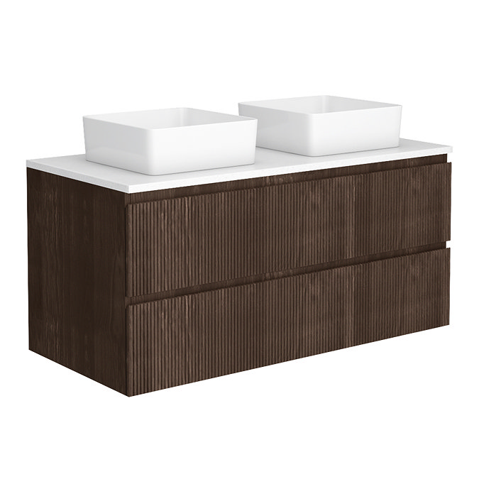 Osaka Slatted Dark Oak 1200mm 2-Drawer Vanity Unit with White Stone Worktop & 2 Square Basins