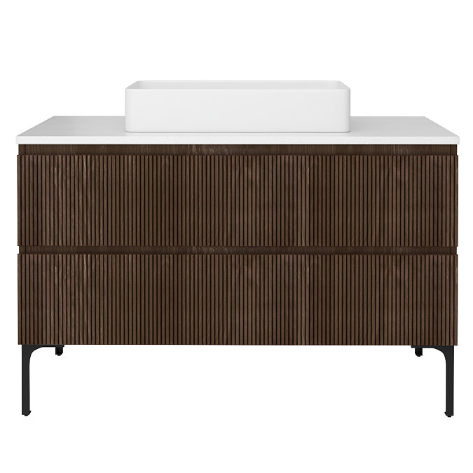 Osaka Slatted Dark Oak Vanity Unit – 1200mm with White Stone Worktop & Rectangular Basin