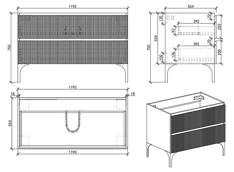 Osaka Slatted Dark Oak 1200mm 2-Drawer Vanity Unit with White Stone Worktop & 2 Square Basins