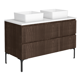Osaka Slatted Dark Oak 1200mm 2-Drawer Vanity Unit with White Stone Worktop & 2 Square Basins