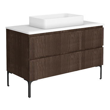 Osaka Slatted Dark Oak 1200mm 2-Drawer Vanity Unit with White Stone Worktop & 2 Square Basins