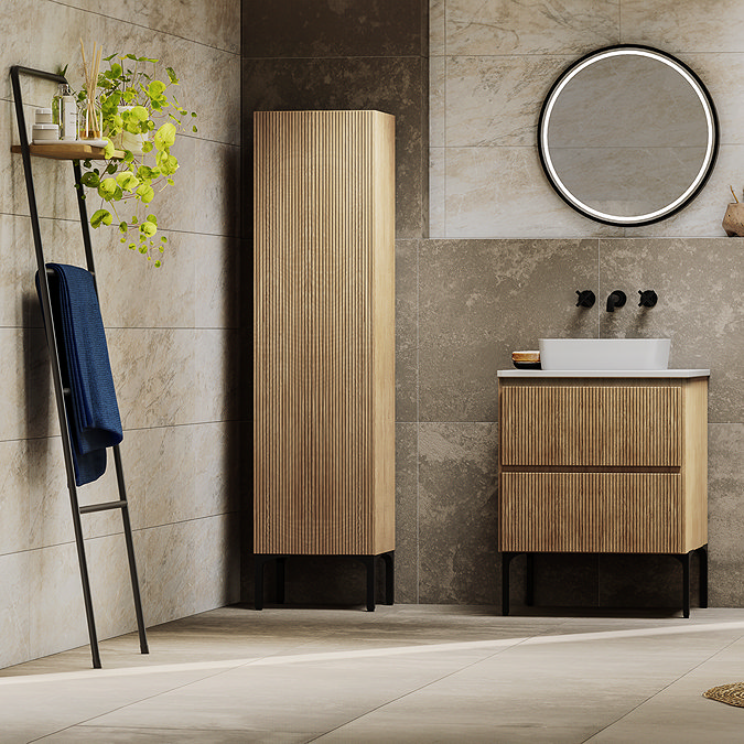 Osaka Slatted Oak 1 Door Tall Storage Unit with Matt Black Legs