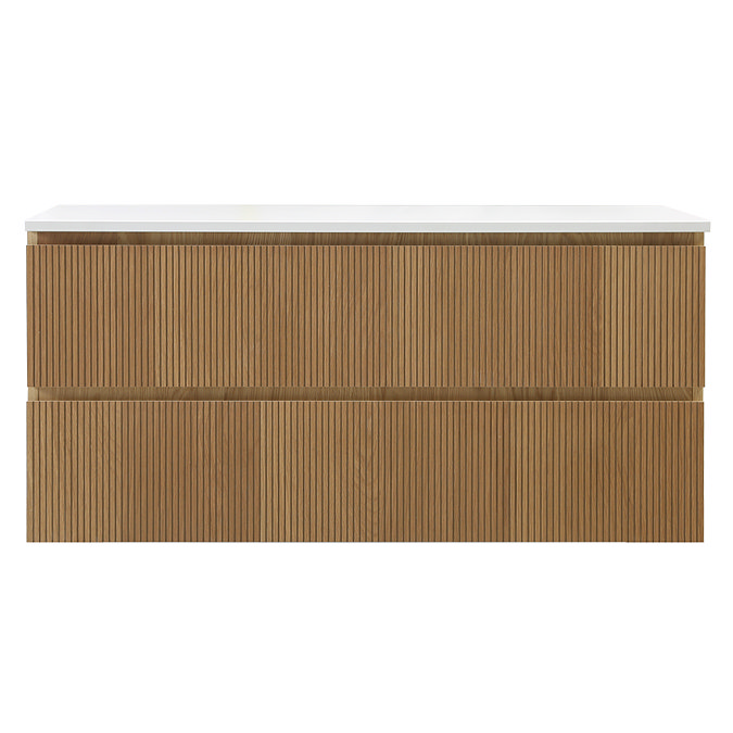 Osaka Slatted Oak 1200mm Wall Hung Vanity with White Stone Worktop & Oval Countertop Basin