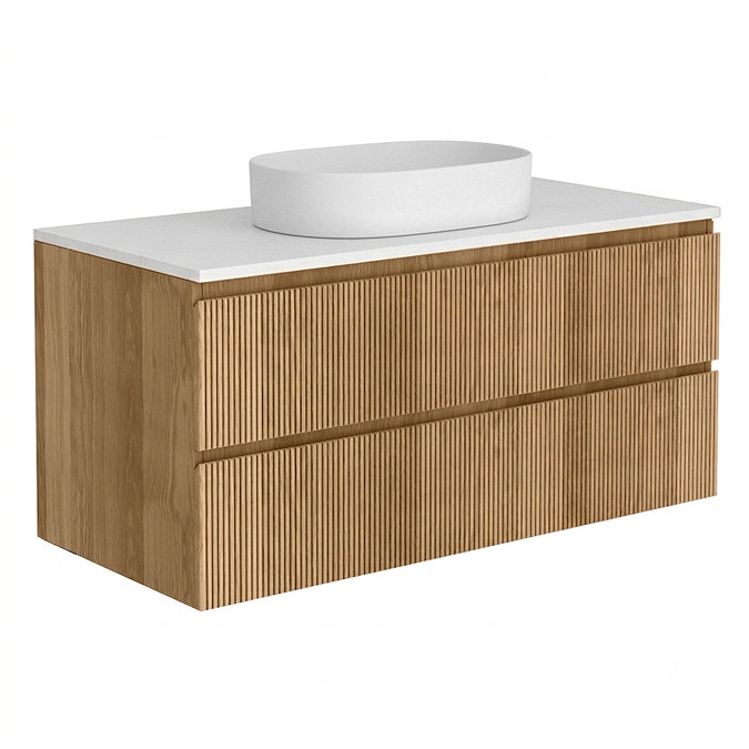 Osaka Slatted Oak 1200mm Wall Hung Vanity with White Stone Worktop & Oval Countertop Basin