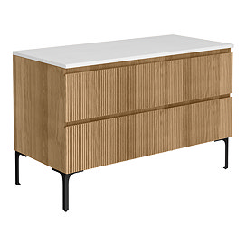 Osaka Slatted Oak 1200mm 2-Drawer Countertop Vanity Unit with White Stone Worktop