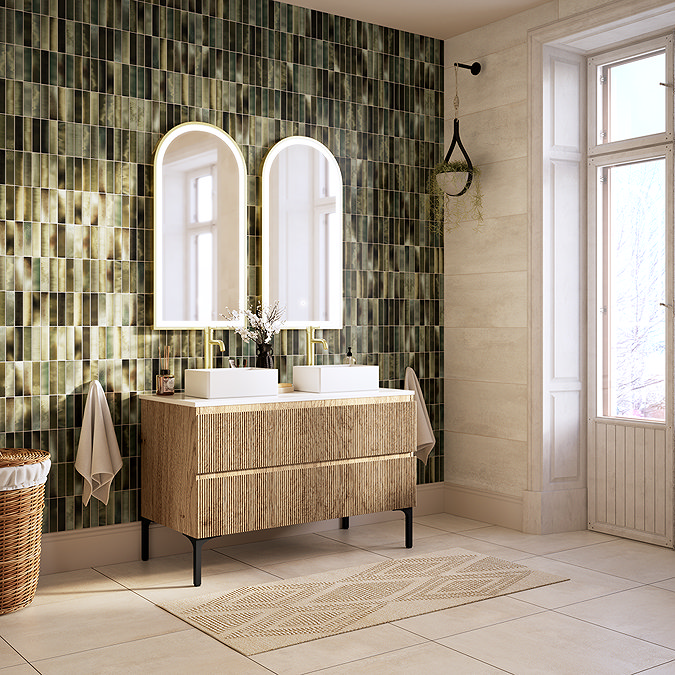 Osaka Slatted Oak 1200mm 2-Drawer Vanity Unit with White Stone Worktop & 2 Square Basins