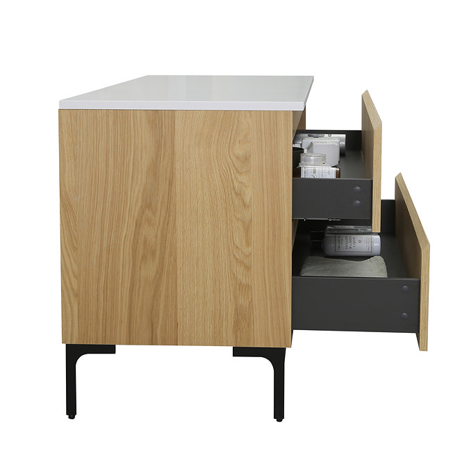 Osaka Slatted Oak 1200mm 2-Drawer Vanity Unit with White Stone Worktop & 2 Square Basins