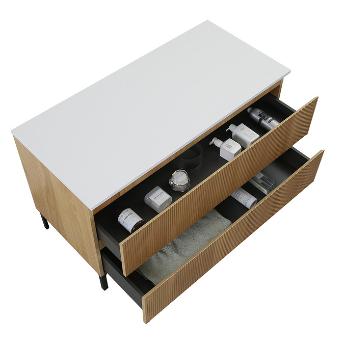 Osaka Slatted Oak 1200mm 2-Drawer Vanity Unit with White Stone Worktop & 2 Square Basins