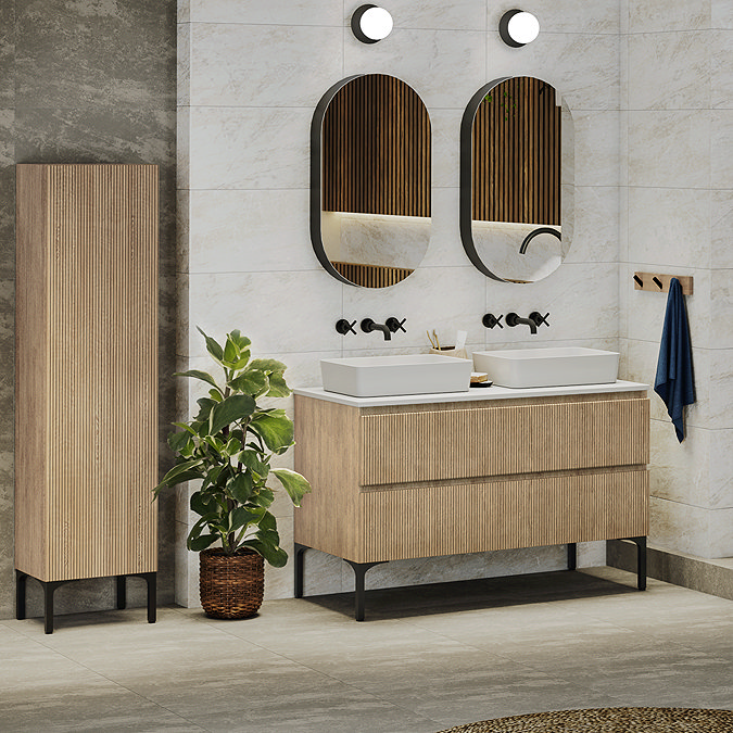 Osaka Slatted Oak 1200mm 2-Drawer Vanity Unit with White Stone Worktop & 2 Square Basins