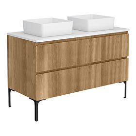 Osaka Slatted Oak 1200mm 2-Drawer Vanity Unit with White Stone Worktop & 2 Square Basins