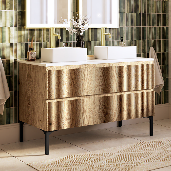 Osaka Slatted Oak 1200mm 2-Drawer Vanity Unit with White Stone Worktop & 2 Square Basins