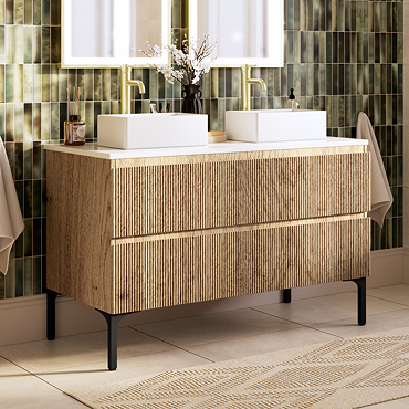 Osaka Slatted Oak 1200mm 2-Drawer Vanity Unit with White Stone Worktop & 2 Square Basins