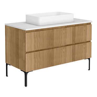 Osaka Slatted Oak 1200mm 2-Drawer Vanity Unit with White Stone Worktop & 2 Square Basins