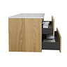 Osaka Slatted Oak 1200mm Wall Hung 2-Drawer Vanity Unit with White Stone Worktop & 2 Square Basins