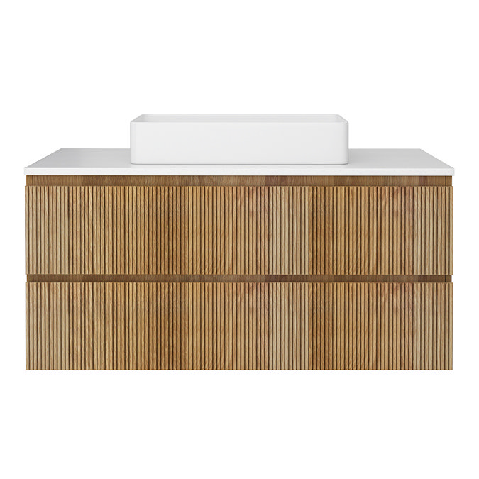 Osaka Slatted Oak 1200mm Wall Hung 2-Drawer Vanity Unit with White Stone Worktop & Rectangular Basin