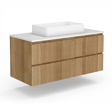 Osaka Slatted Oak 1200mm Wall Hung 2-Drawer Vanity Unit with White Stone Worktop & 2 Square Basins