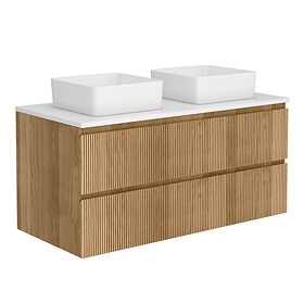 Osaka Slatted Oak 1200mm Wall Hung 2-Drawer Vanity Unit with White Stone Worktop & 2 Square Basins