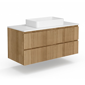 Osaka Slatted Oak 1200mm Wall Hung 2-Drawer Vanity Unit with White Stone Worktop & Rectangular Basin
