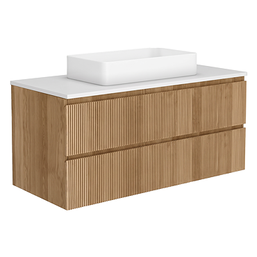Osaka Slatted Oak 1200mm Wall Hung 2-Drawer Vanity Unit with White Stone Worktop & Rectangular Basin