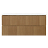 Osaka Slatted Oak 1200mm Wall Hung 2-Drawer Vanity Unit with White Stone Worktop