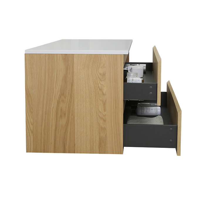 Osaka Slatted Oak 1200mm Wall Hung 2-Drawer Vanity Unit with White Stone Worktop