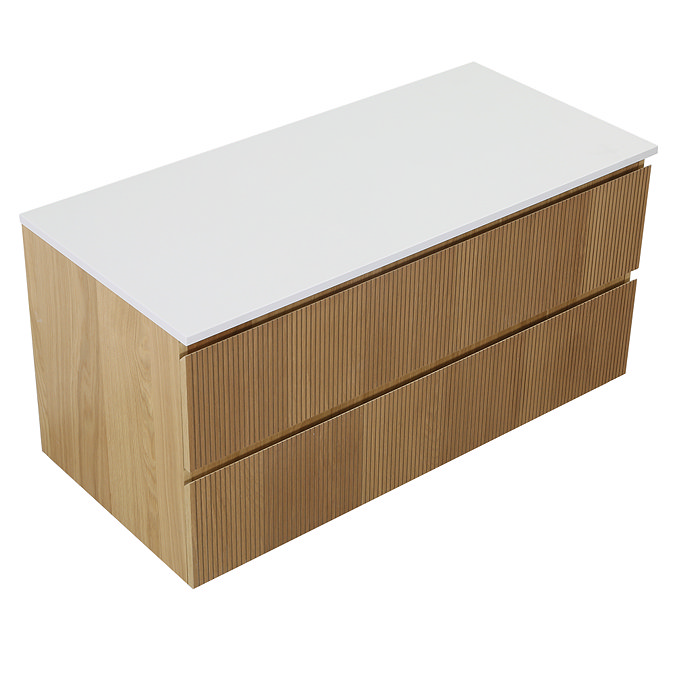 Osaka Slatted Oak 1200mm Wall Hung 2-Drawer Vanity Unit with White Stone Worktop
