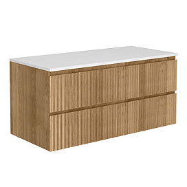 Osaka Slatted Oak 1200mm Wall Hung 2-Drawer Vanity Unit with White Stone Worktop