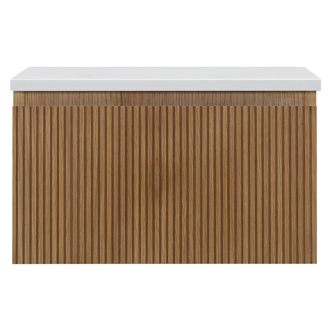 Osaka Slatted Oak 500mm Wall Hung Vanity with White Stone Worktop & Round Countertop Basin