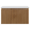 Osaka Slatted Oak 500mm Wall Hung Vanity with White Stone Worktop & Round Countertop Basin