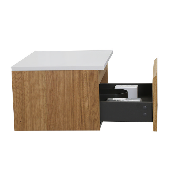 Osaka Slatted Oak 500mm Wall Hung Vanity with White Stone Worktop & Round Countertop Basin