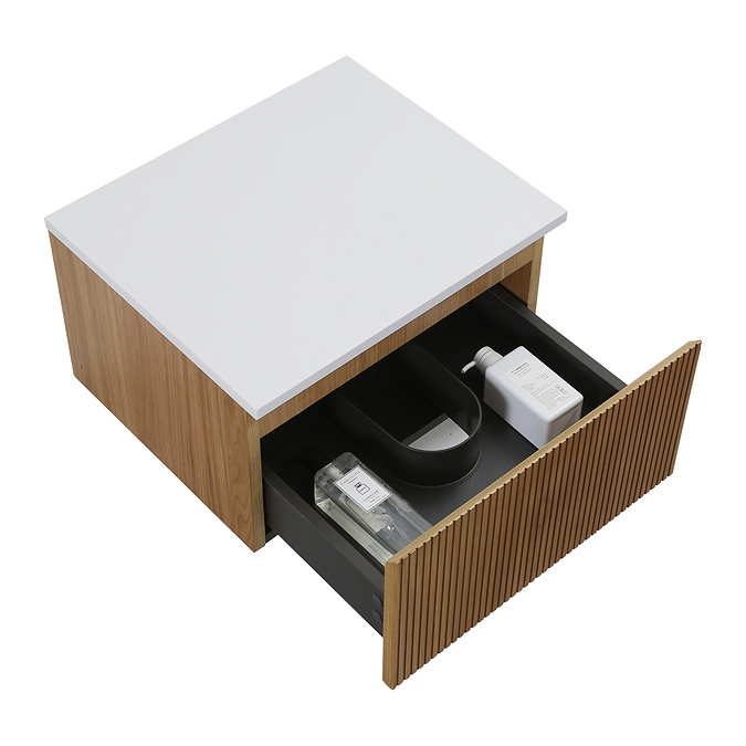 Osaka Slatted Oak 500mm Wall Hung Vanity with White Stone Worktop & Round Countertop Basin